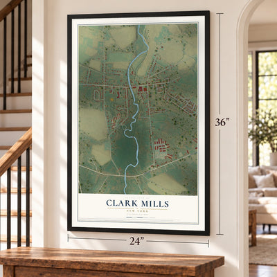 Clark Mills, New York map, 24 x 36 inch print in a black frame by a staircase