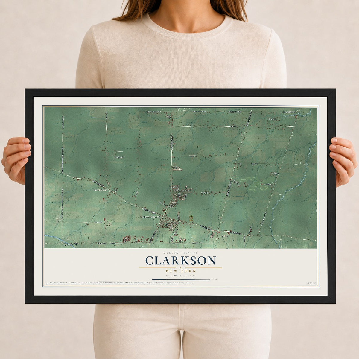 Clarkson, New York map print, 12" x 18" W/ Black Ayous Wood Frame mockup