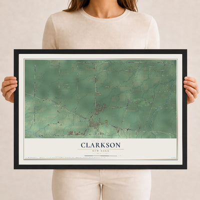 Clarkson, New York map print, 12" x 18" W/ Black Ayous Wood Frame mockup