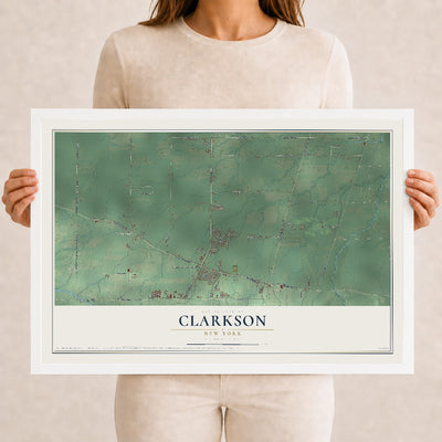 Clarkson, New York map print, 12" x 18" W/ White Ayous Wood Frame mockup