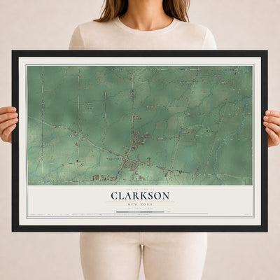 Clarkson, New York map print, 18" x 24" W/ Black Ayous Wood Frame mockup