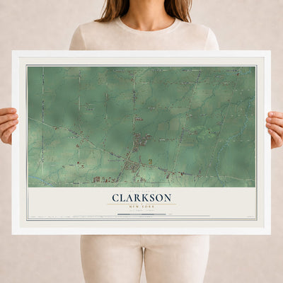 Clarkson, New York map print, 18" x 24" W/ White Ayous Wood Frame mockup
