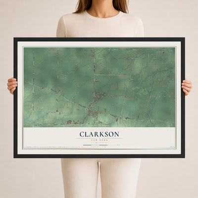 Clarkson, New York map print, 24" x 36" W/ Black Ayous Wood Frame mockup