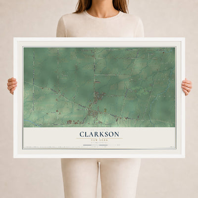 Clarkson, New York map print, 24" x 36" W/ White Ayous Wood Frame mockup