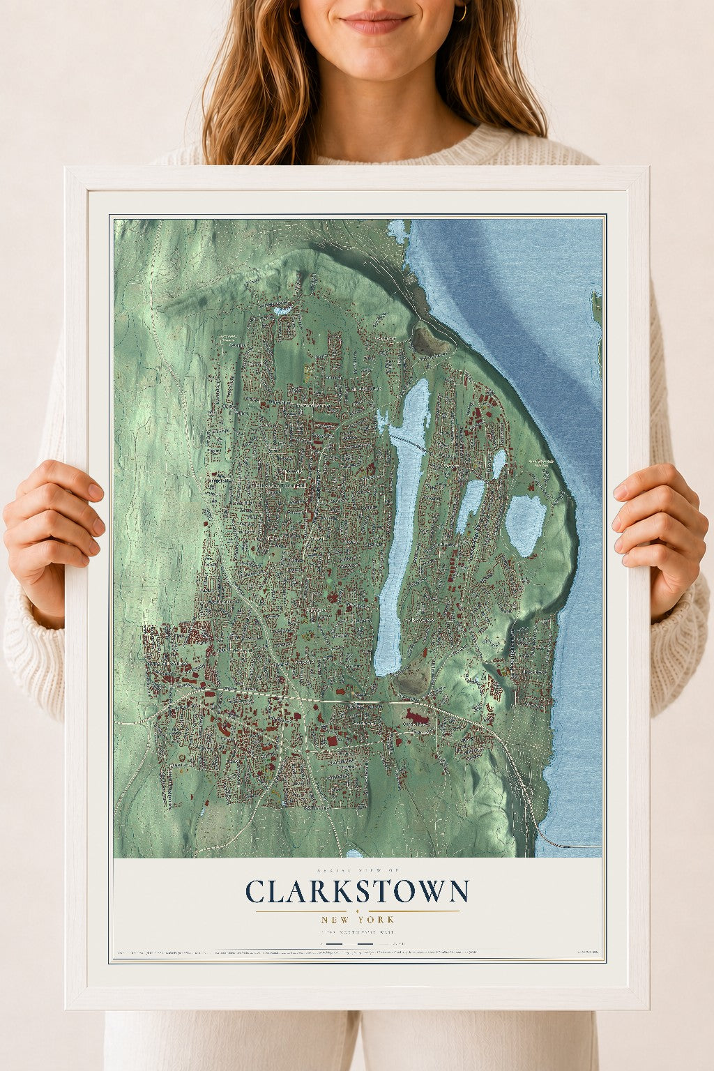 Clarkstown, New York map print, 18" x 24" W/ White Ayous Wood Frame mockup