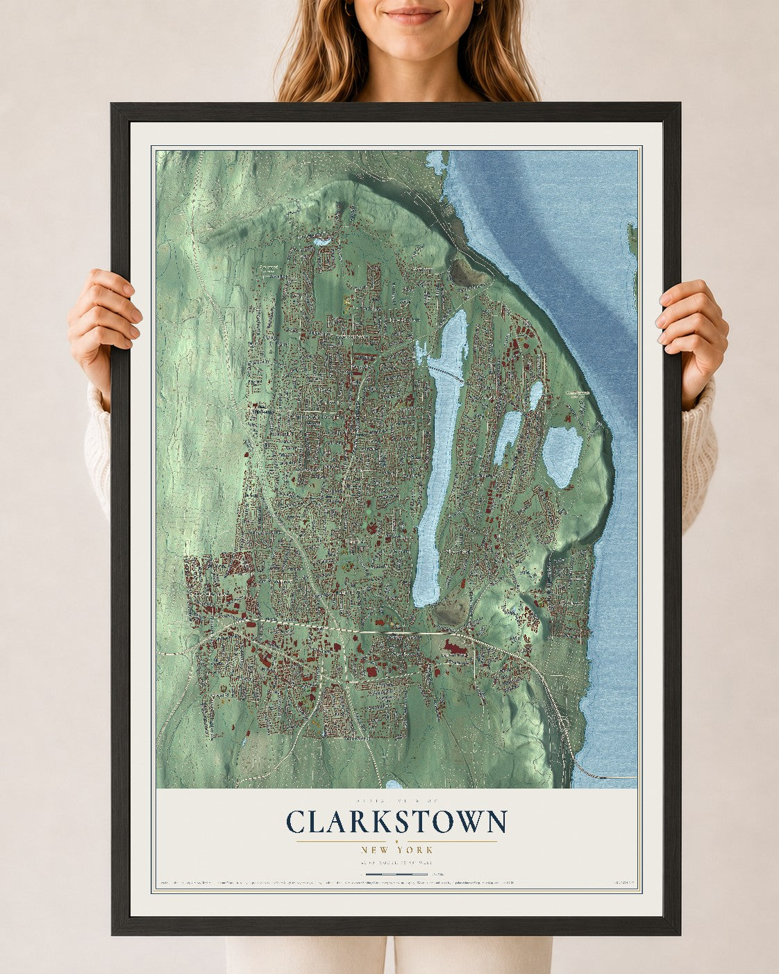 Clarkstown, New York map print, 24" x 36" W/ Black Ayous Wood Frame mockup