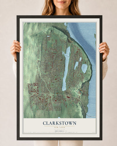 Clarkstown, New York map print, 24" x 36" W/ Black Ayous Wood Frame mockup