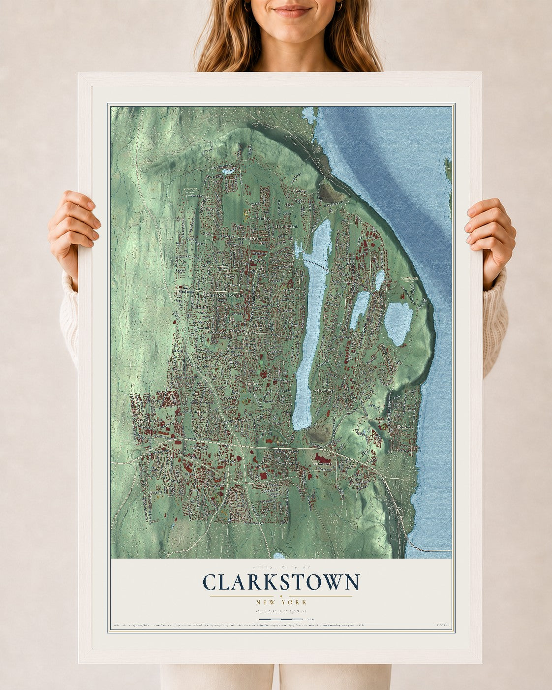 Clarkstown, New York map print, 24" x 36" W/ White Ayous Wood Frame mockup
