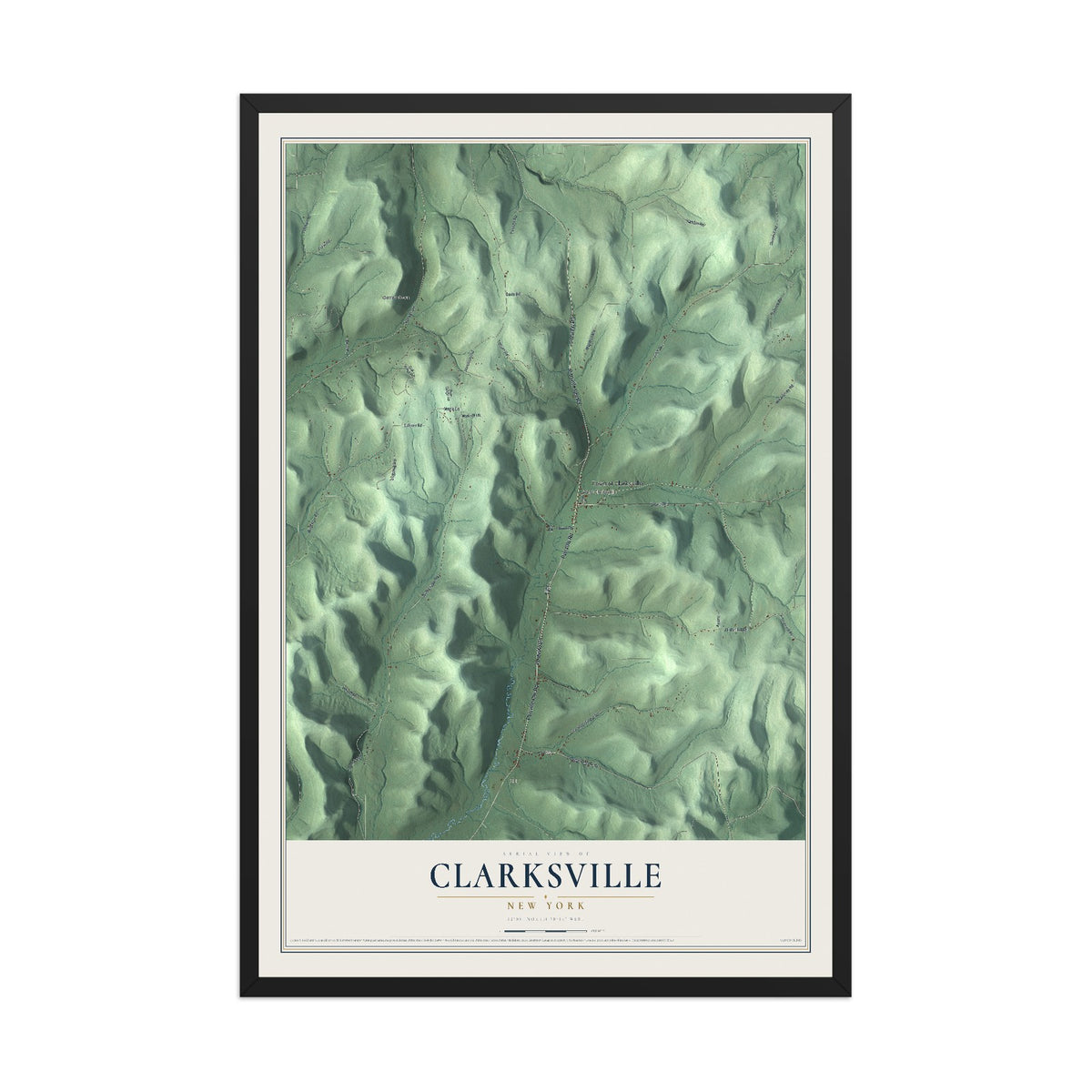 Clarksville, New York map print, 12" x 18" W/ Black Ayous Wood Frame mockup