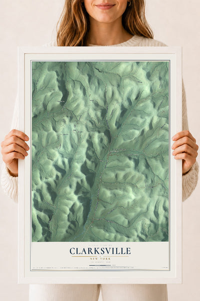 Clarksville, New York map print, 18" x 24" W/ White Ayous Wood Frame mockup