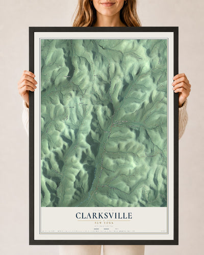 Clarksville, New York map print, 24" x 36" W/ Black Ayous Wood Frame mockup