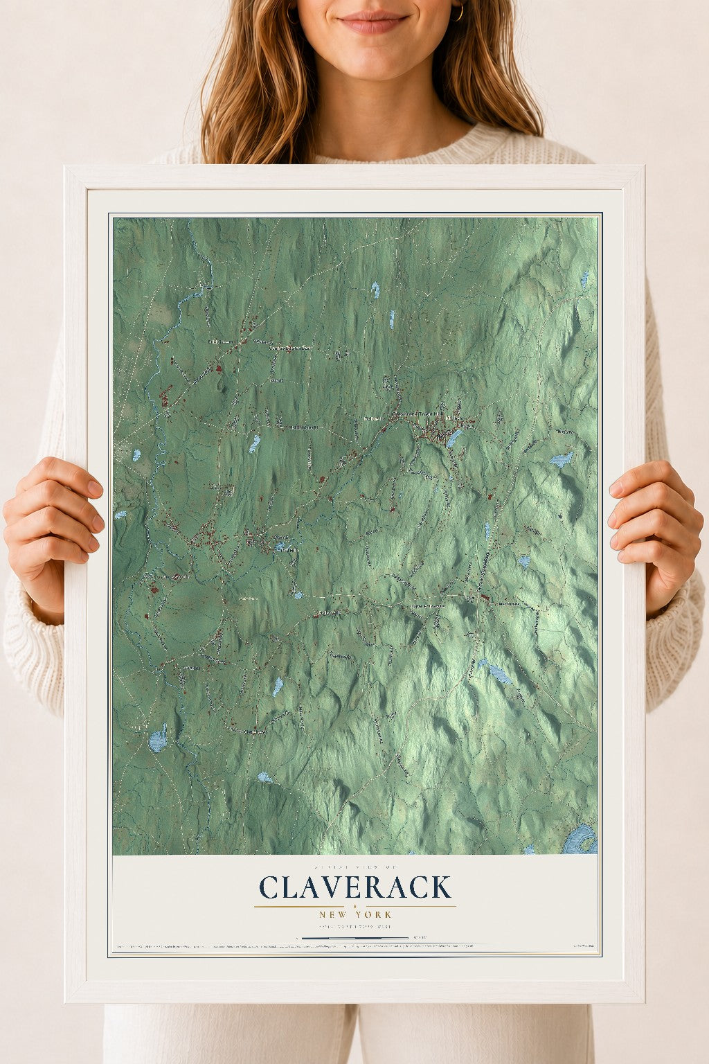 Claverack, New York map print, 18" x 24" W/ White Ayous Wood Frame mockup