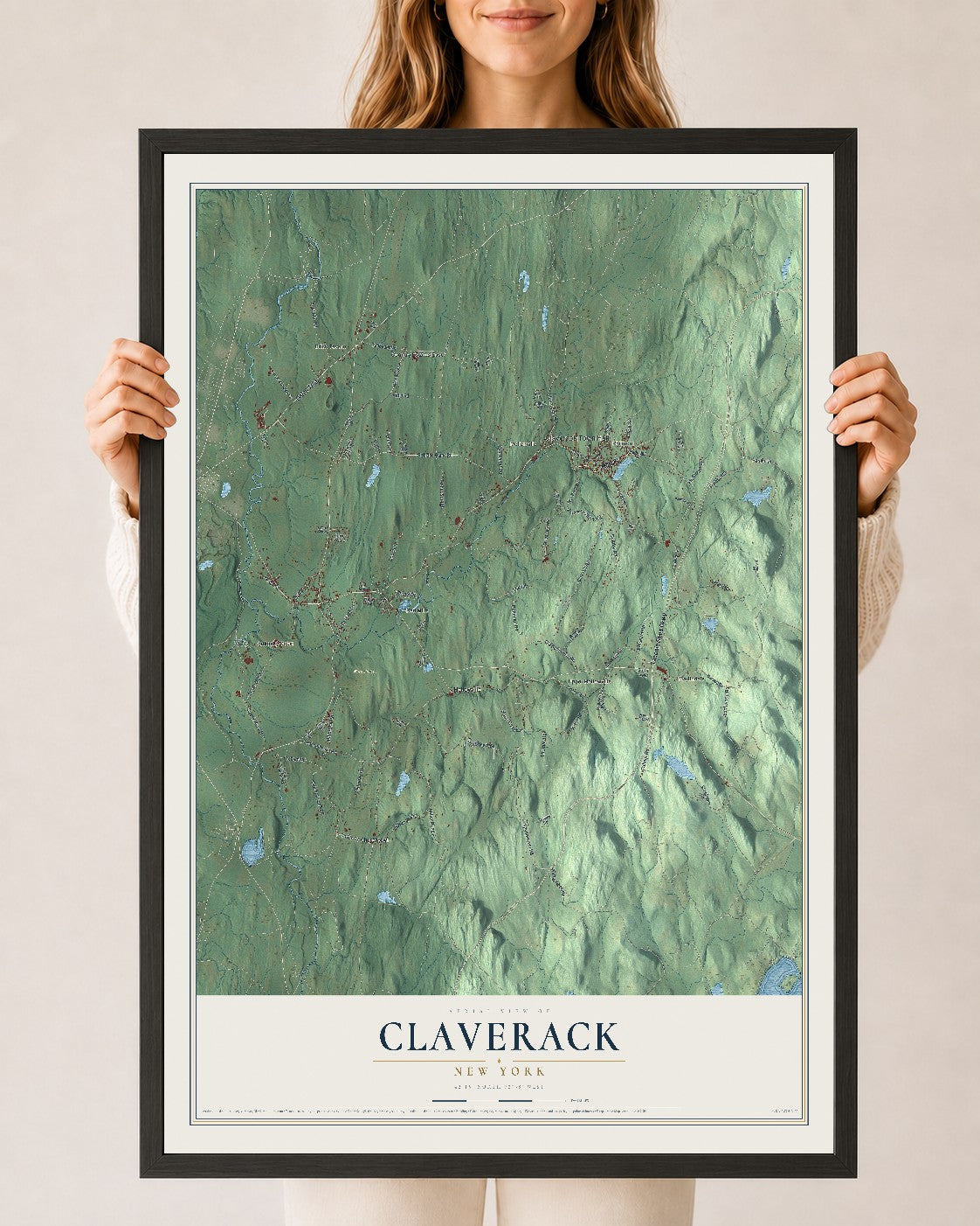 Claverack, New York map print, 24" x 36" W/ Black Ayous Wood Frame mockup