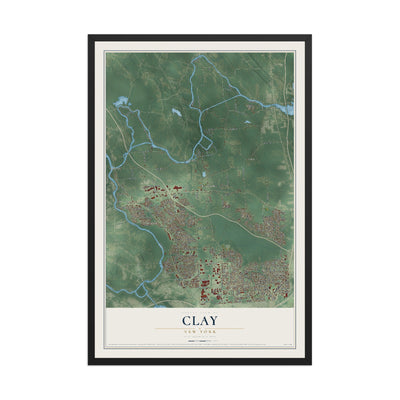Clay, New York map print, 12" x 18" W/ Black Ayous Wood Frame mockup