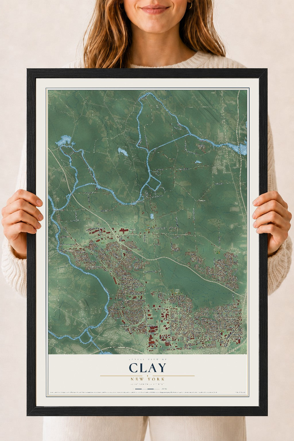 Clay, New York map print, 18" x 24" W/ Black Ayous Wood Frame mockup