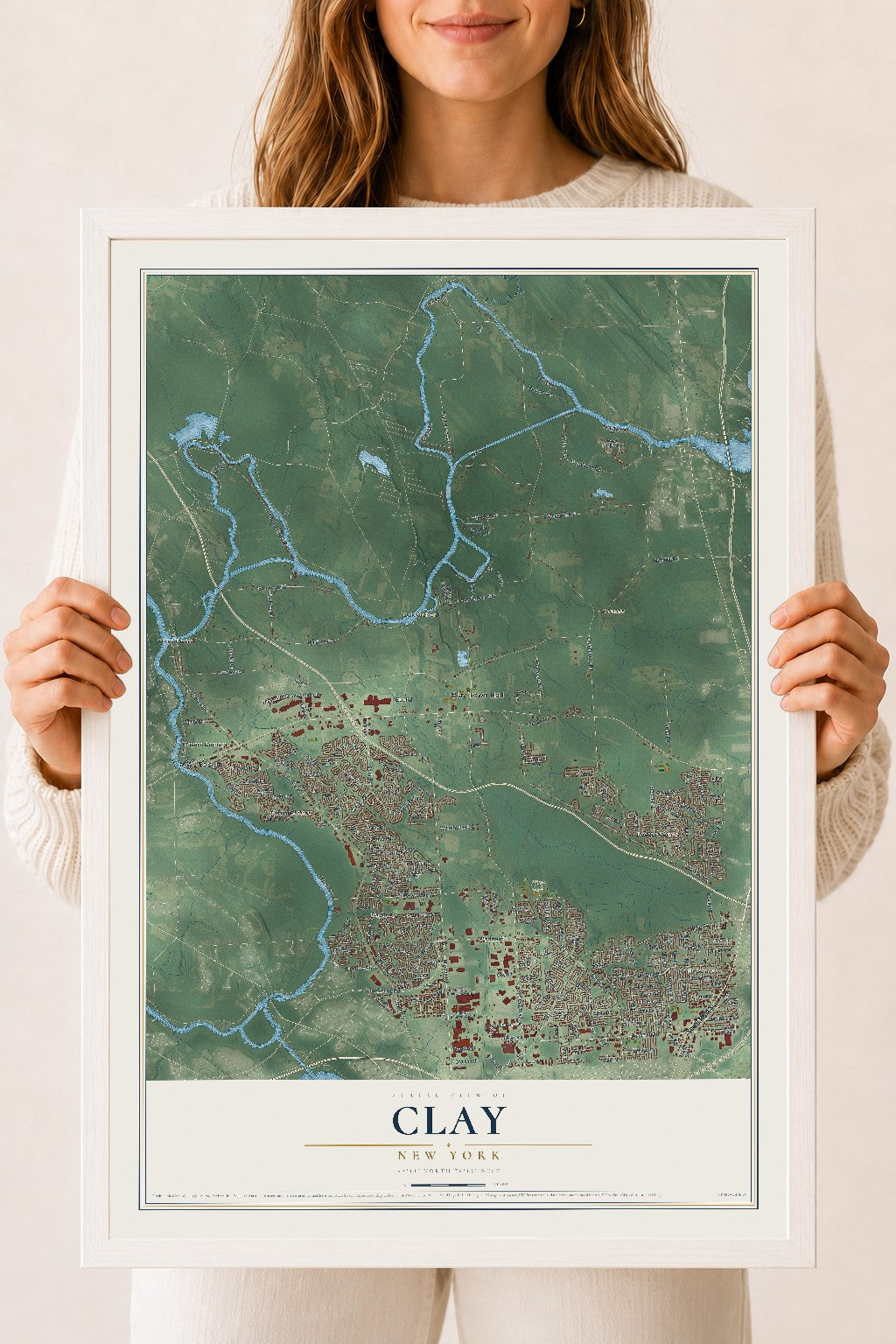 Clay, New York map print, 18" x 24" W/ White Ayous Wood Frame mockup