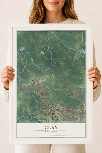 Clay, New York map print, 18" x 24" W/ White Ayous Wood Frame mockup