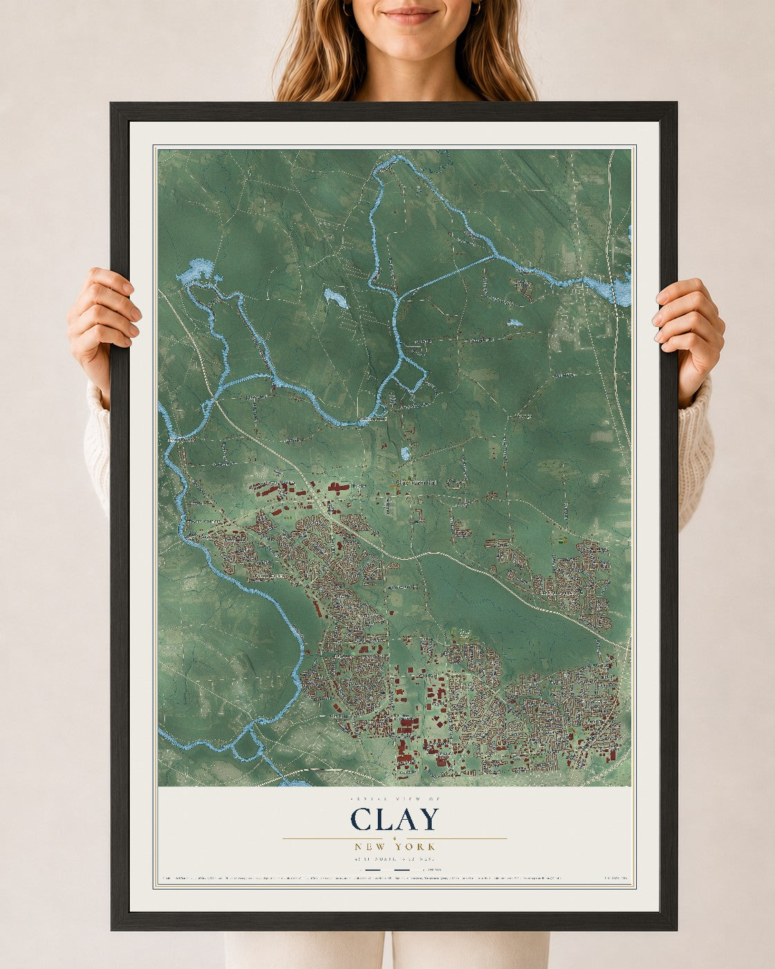Clay, New York map print, 24" x 36" W/ Black Ayous Wood Frame mockup