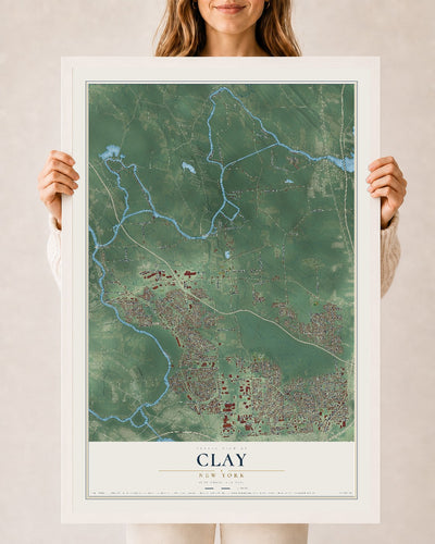 Clay, New York map print, 24" x 36" W/ White Ayous Wood Frame mockup
