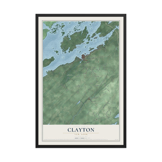 Map of Clayton, New York, 12 x 18 inch print in a black wood frame