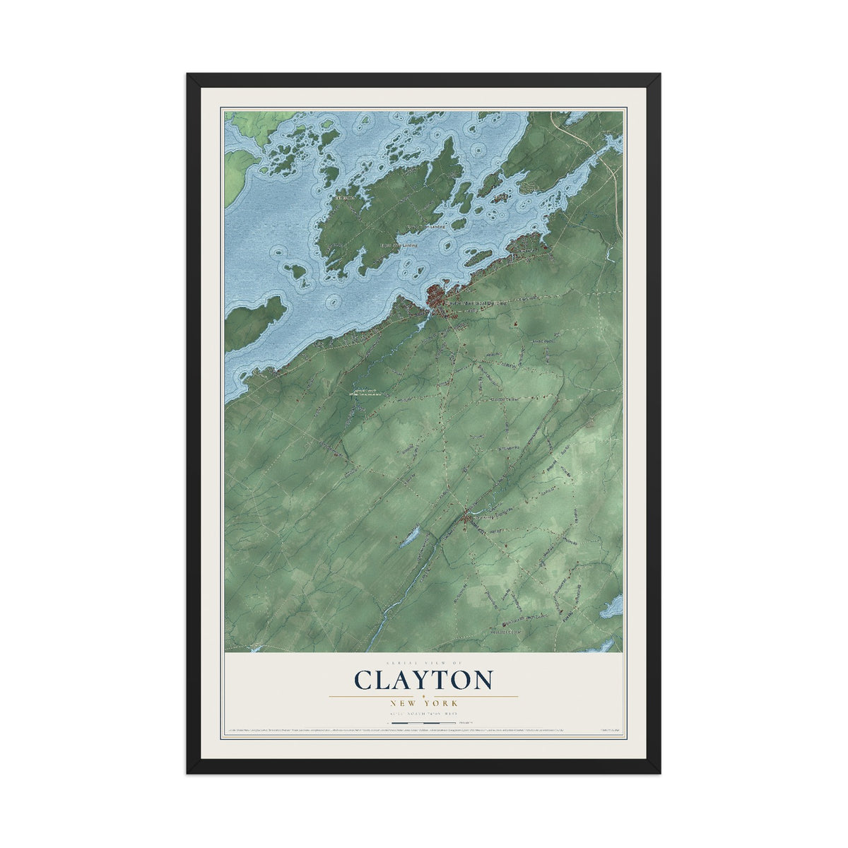 Clayton, New York map print, 12" x 18" W/ Black Ayous Wood Frame mockup