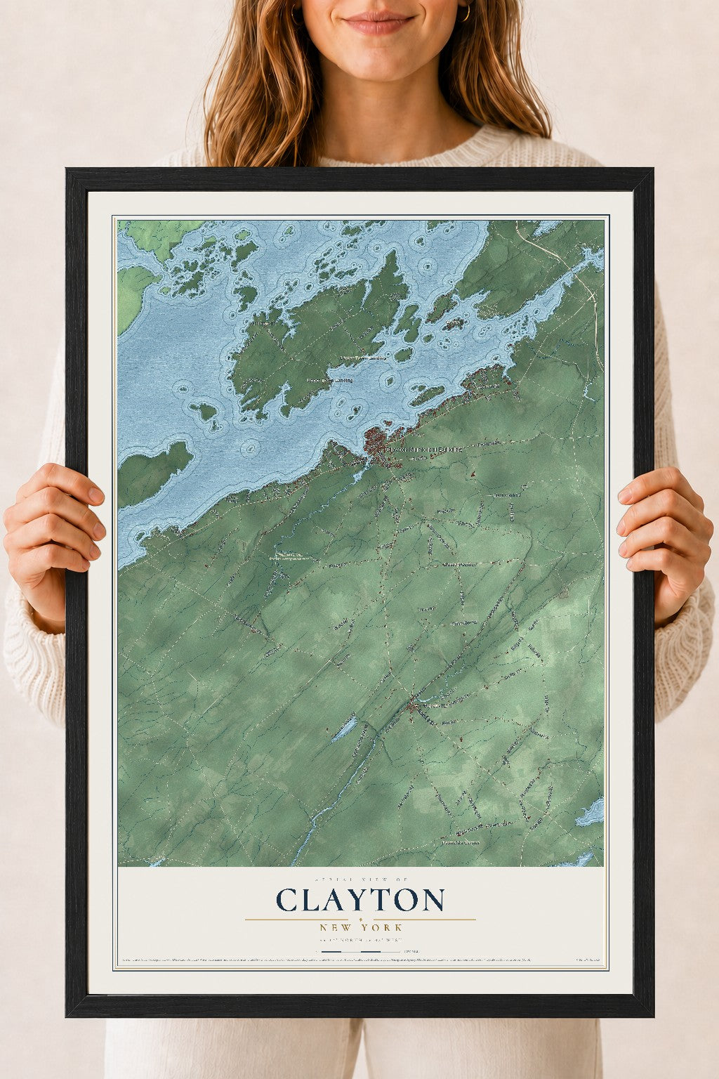 Clayton, New York map print, 18" x 24" W/ Black Ayous Wood Frame mockup