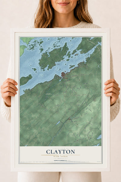 Clayton, New York map print, 18" x 24" W/ White Ayous Wood Frame mockup