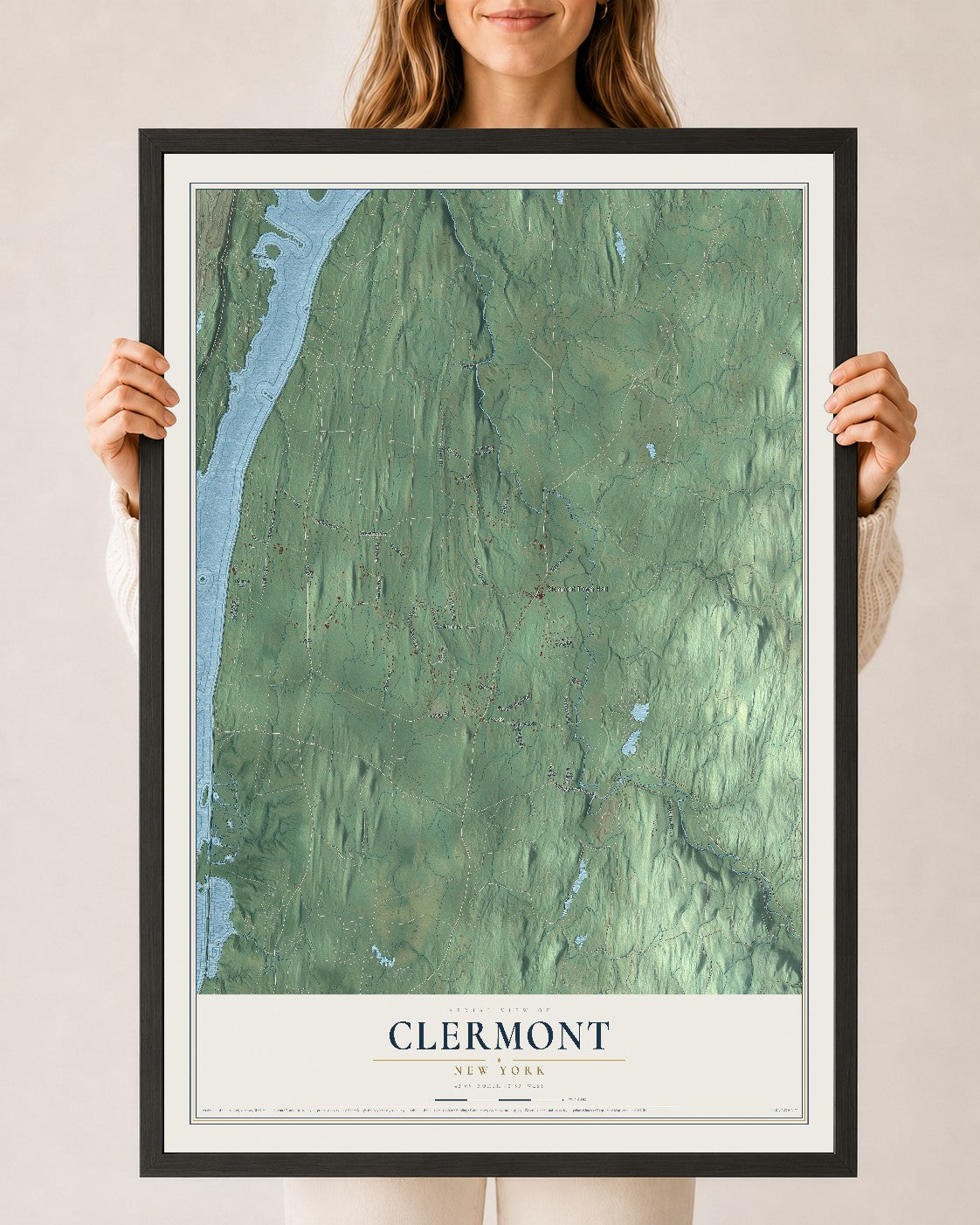 Clermont, New York map print, 24" x 36" W/ Black Ayous Wood Frame mockup