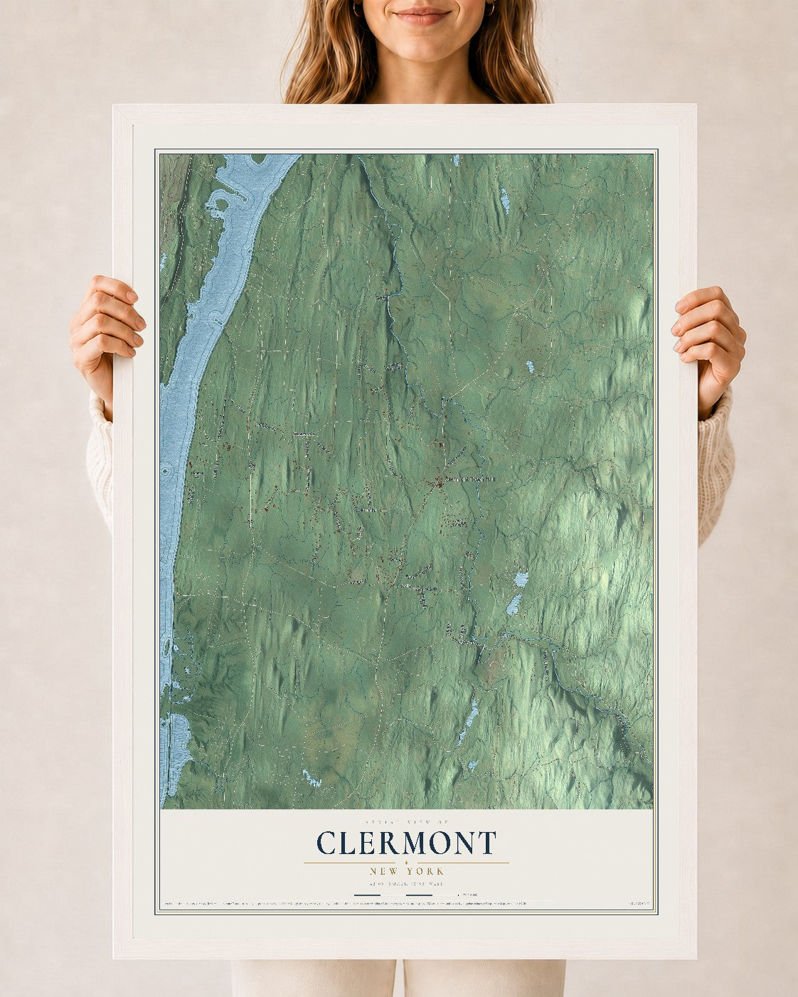 Clermont, New York map print, 24" x 36" W/ White Ayous Wood Frame mockup