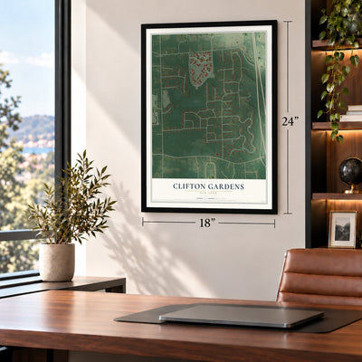 Clifton Gardens, New York map, 18 x 24 inch print in a black frame in a home office