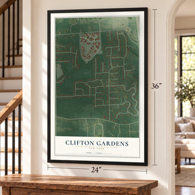Clifton Gardens, New York map, 24 x 36 inch print in a black frame by a staircase
