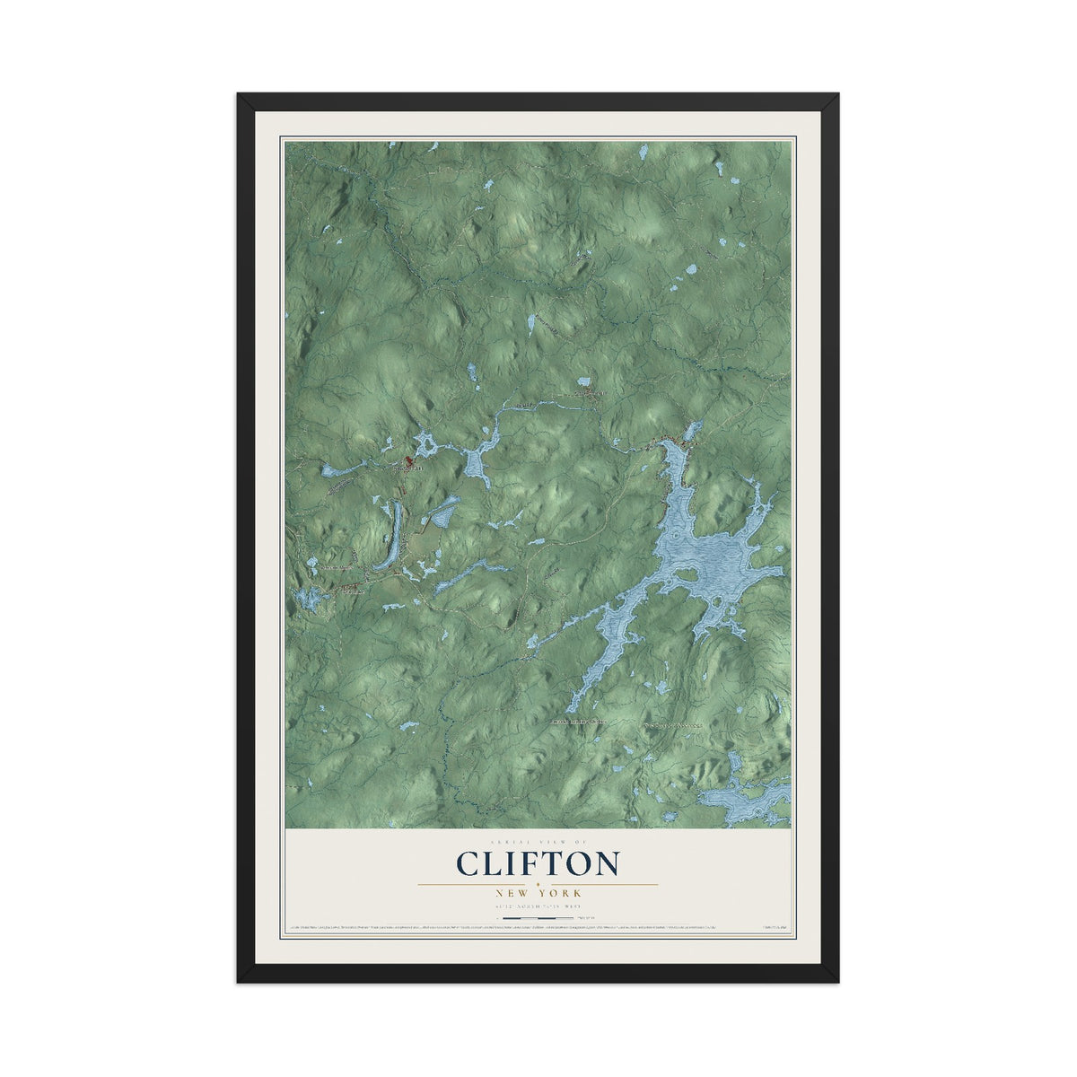 Clifton, New York map print, 12" x 18" W/ Black Ayous Wood Frame mockup