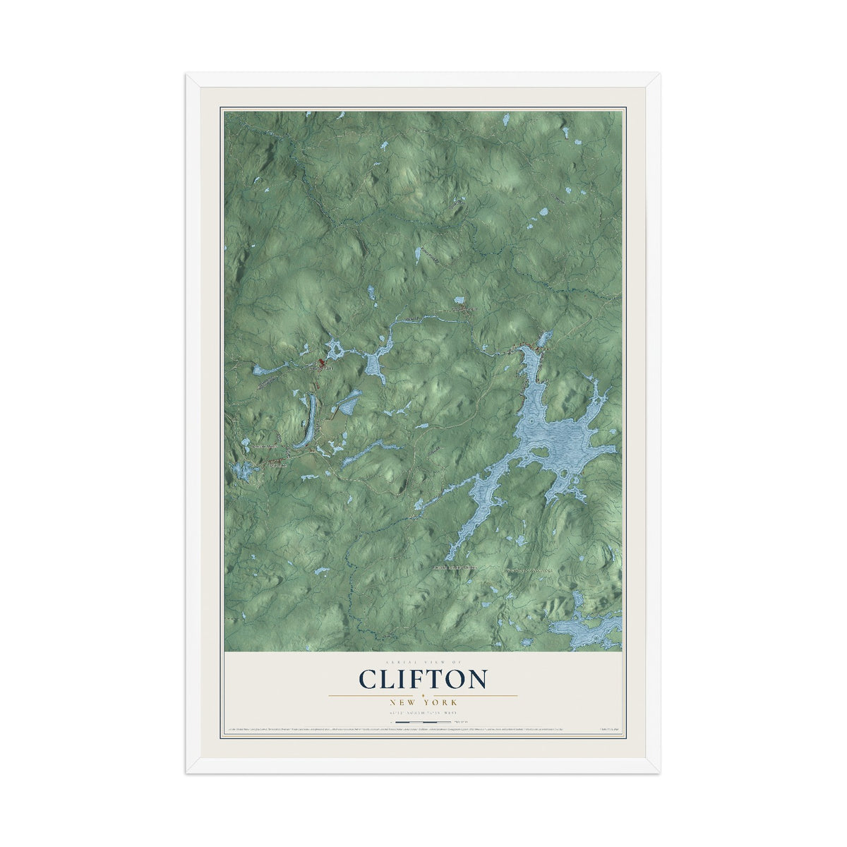 Clifton, New York map print, 12" x 18" W/ White Ayous Wood Frame mockup