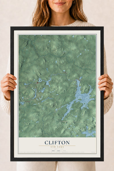 Clifton, New York map print, 18" x 24" W/ Black Ayous Wood Frame mockup
