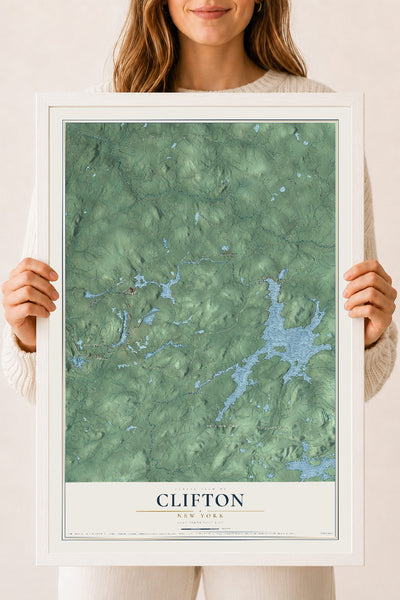 Clifton, New York map print, 18" x 24" W/ White Ayous Wood Frame mockup