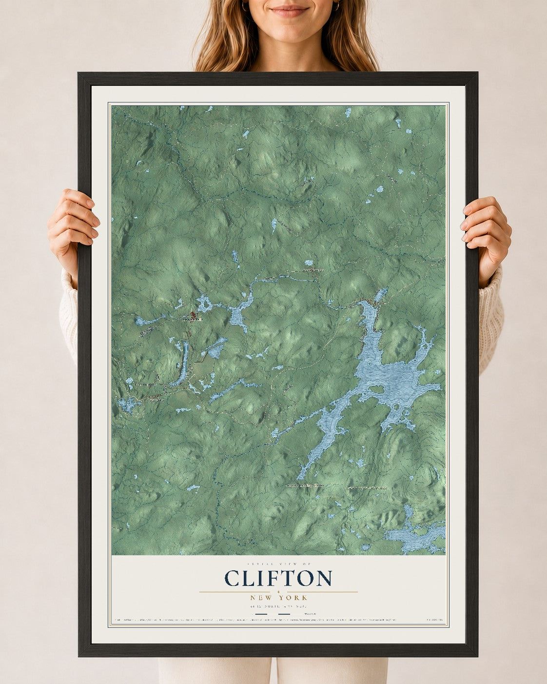 Clifton, New York map print, 24" x 36" W/ Black Ayous Wood Frame mockup