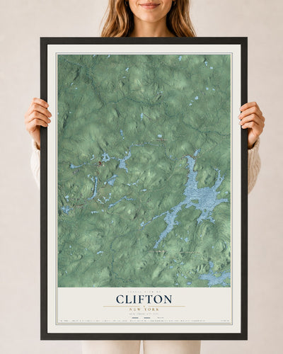 Clifton, New York map print, 24" x 36" W/ Black Ayous Wood Frame mockup