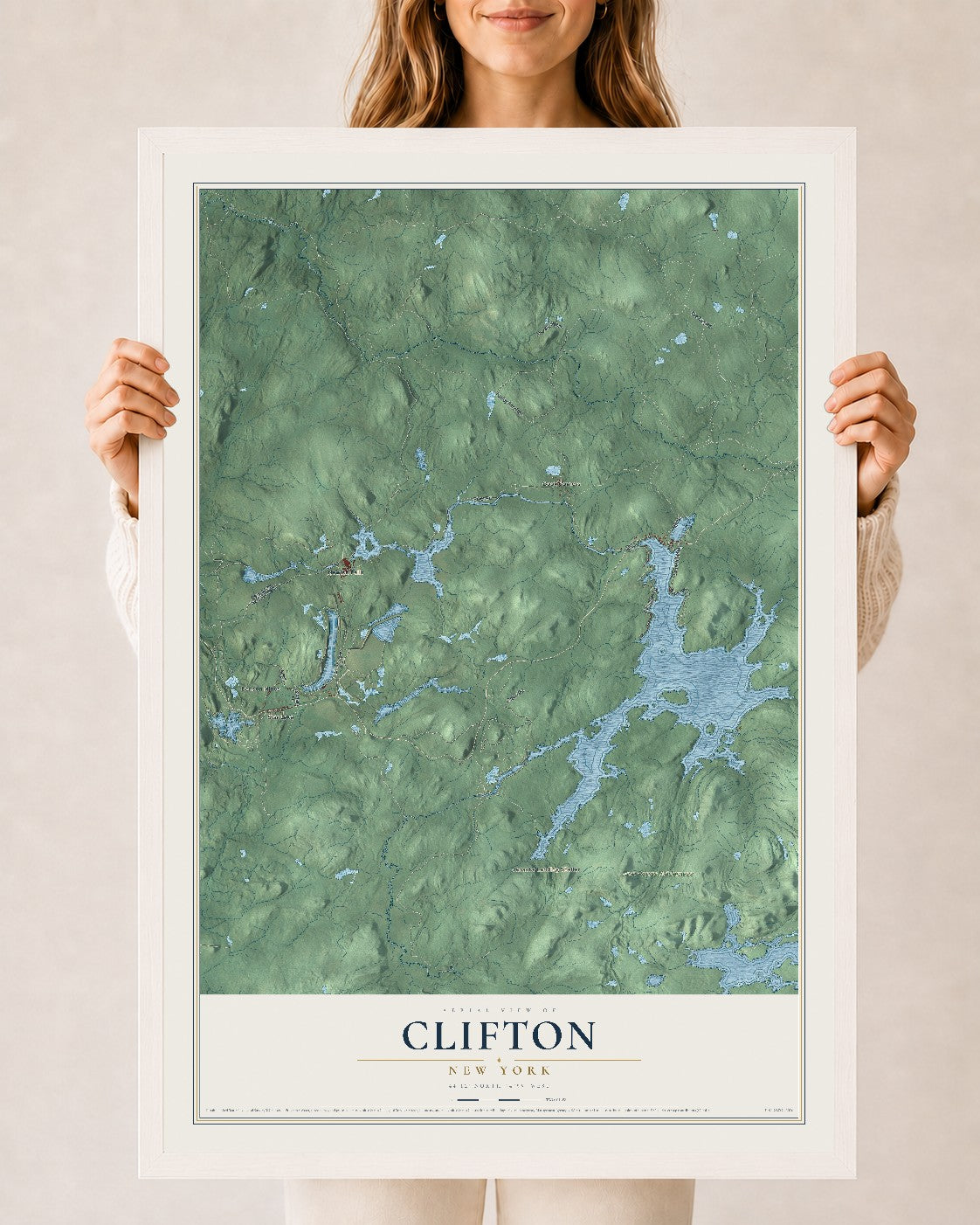 Clifton, New York map print, 24" x 36" W/ White Ayous Wood Frame mockup