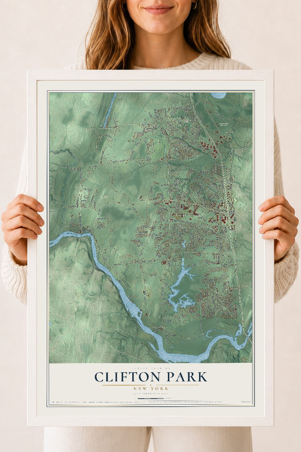 Clifton Park, New York map print, 18" x 24" W/ White Ayous Wood Frame mockup