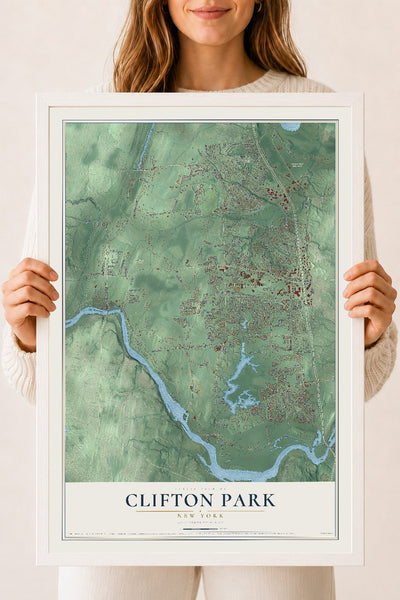 Clifton Park, New York map print, 18" x 24" W/ White Ayous Wood Frame mockup