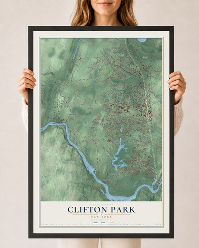Clifton Park, New York map print, 24" x 36" W/ Black Ayous Wood Frame mockup