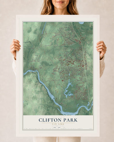 Clifton Park, New York map print, 24" x 36" W/ White Ayous Wood Frame mockup