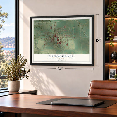Clifton Springs, New York map, 18 x 24 inch print in a black frame in a home office