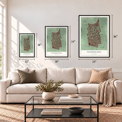 Clinton Hill, New York map in 12 x 18, 18 x 24 and 24 x 36 inch sizes above a sofa