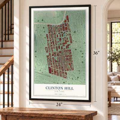 Clinton Hill, New York map, 24 x 36 inch print in a black frame by a staircase