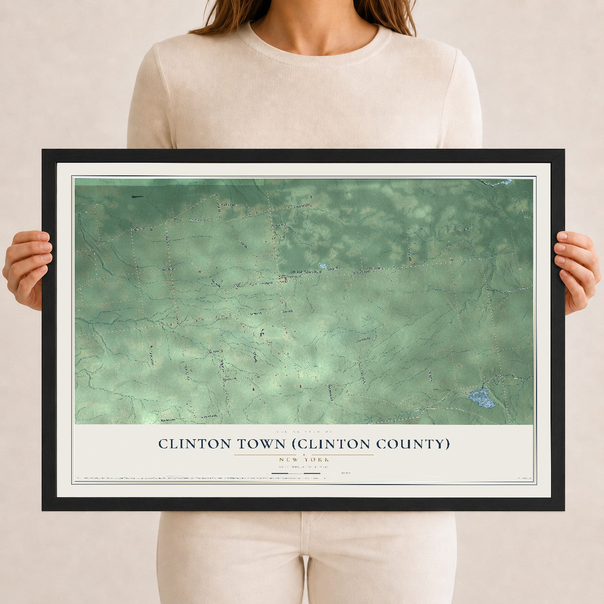 Clinton Town (Clinton County), New York map print, 12" x 18" W/ Black Ayous Wood Frame mockup