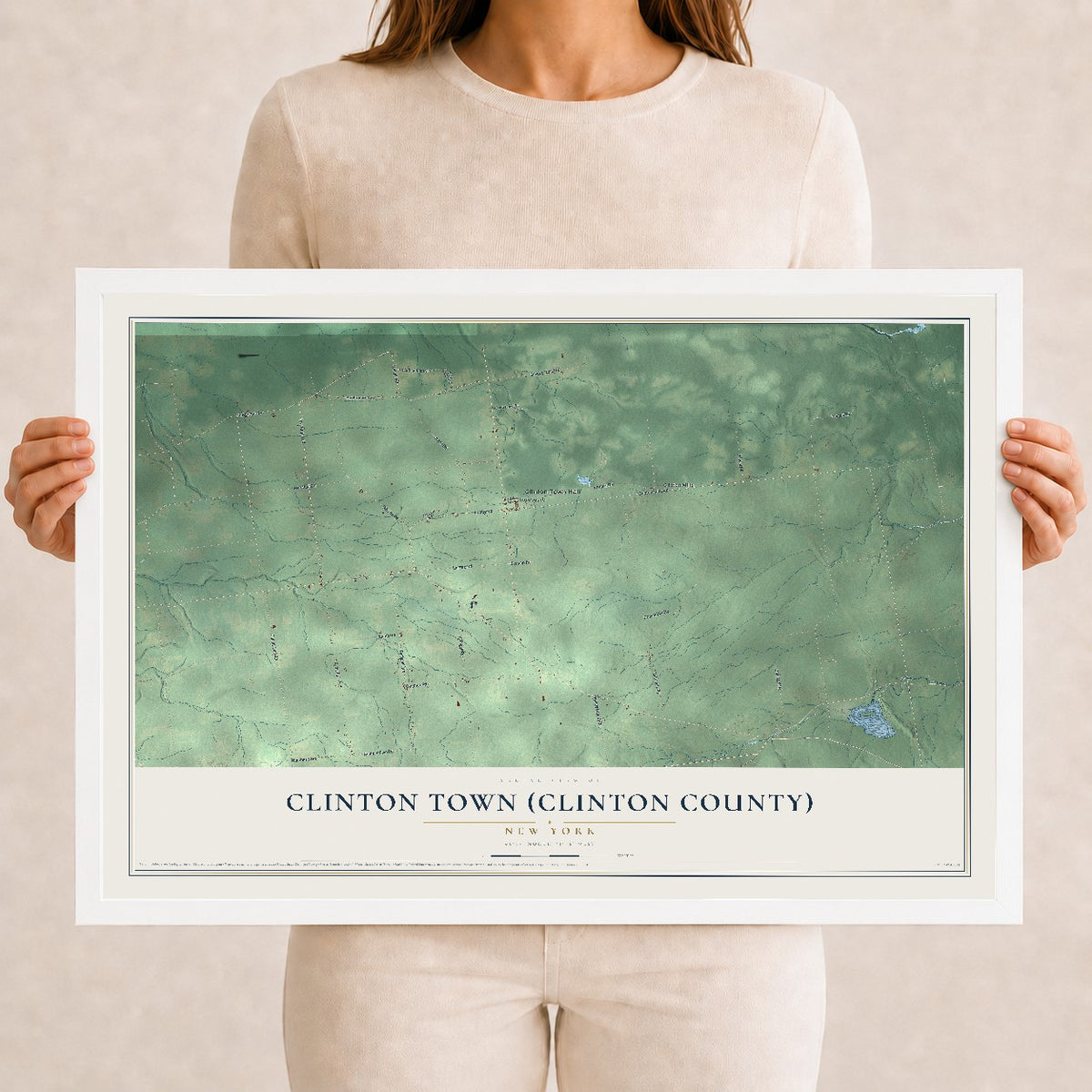 Clinton Town (Clinton County), New York map print, 12" x 18" W/ White Ayous Wood Frame mockup