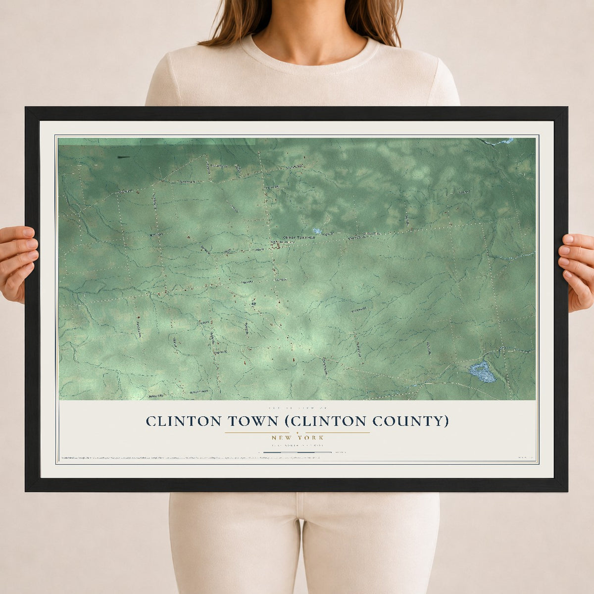 Clinton Town (Clinton County), New York map print, 18" x 24" W/ Black Ayous Wood Frame mockup