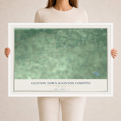 Clinton Town (Clinton County), New York map print, 24" x 36" W/ White Ayous Wood Frame mockup