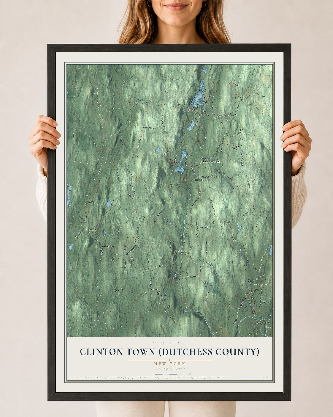 Clinton Town (Dutchess County), New York map print, 24" x 36" W/ Black Ayous Wood Frame mockup